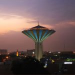 yellow striped water tower